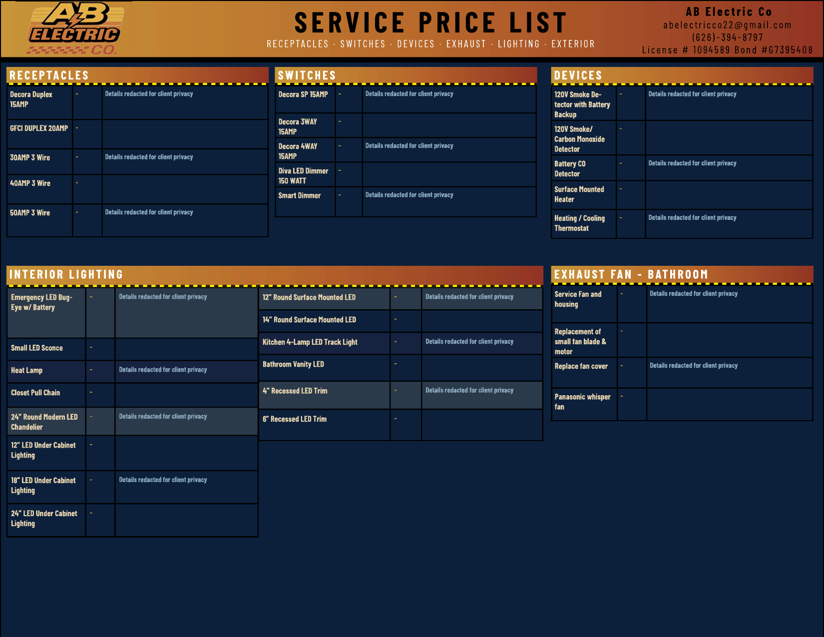 Redesigned price list